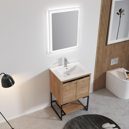 24" Freestanding Bathroom Vanity with White Resin Rectangle Sink, Soft-Close Cabinet Doors,Open Shelf for Towels