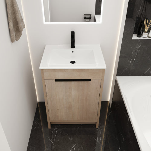24" Freestanding Bathroom Vanity with White Ceramic Sink & 2 Soft-Close Cabinet Doors