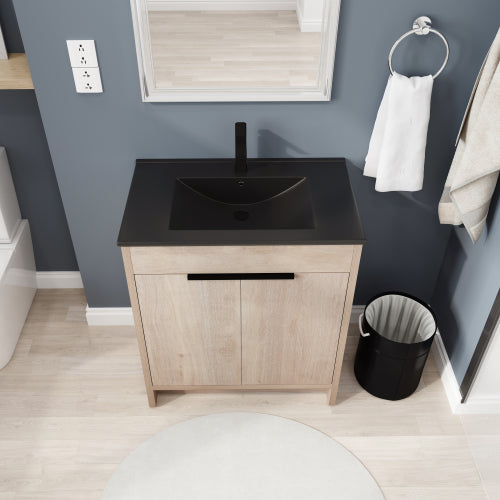 30" Freestanding Bathroom Vanity with Black Ceramic Sink & 2 Soft-Close Cabinet Doors