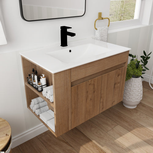 30" Bathroom Vanity With White Ceramic Basin and Adjust Open Shelf