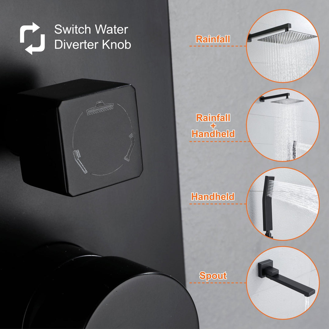 10 inch/ 12 inch 3-way Mixer  Rainfall Shower Head Faucet Tub Spout Tap with Handheld Spray