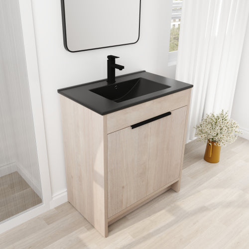 30" Freestanding Bathroom Vanity with Black Ceramic Sink & 2 Soft-Close Cabinet Doors