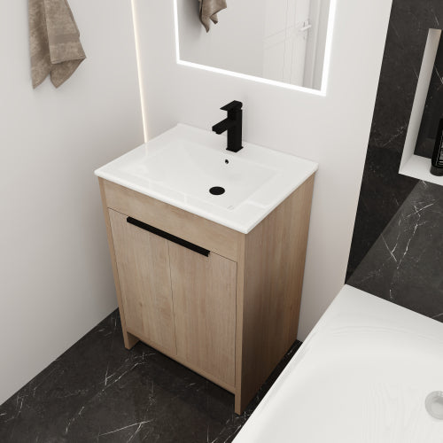 24 inch Freestanding Bathroom Vanity with White Ceramic Sink & 2 Soft-Close Cabinet Doors