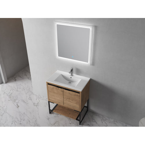 24" Freestanding Bathroom Vanity with White Resin Rectangle Sink, Soft-Close Cabinet Doors,Open Shelf for Towels
