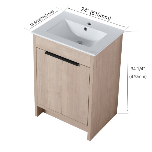 24" Freestanding Bathroom Vanity with White Ceramic Sink & 2 Soft-Close Cabinet Doors