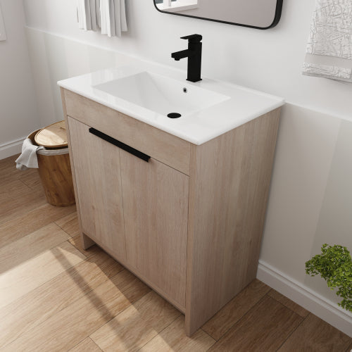 30" Freestanding Bathroom Vanity with White Ceramic Sink & 2 Soft-Close Cabinet Doors