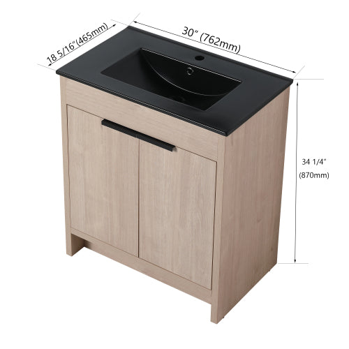 30" Freestanding Bathroom Vanity with Black Ceramic Sink & 2 Soft-Close Cabinet Doors