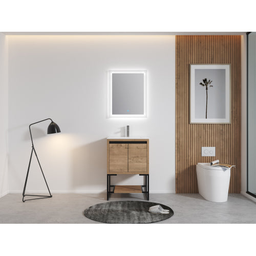 24" Freestanding Bathroom Vanity with White Resin Rectangle Sink, Soft-Close Cabinet Doors,Open Shelf for Towels