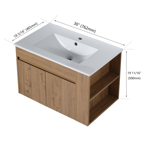 30" Bathroom Vanity With White Ceramic Basin and Adjust Open Shelf