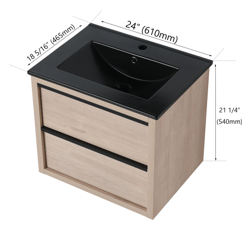 24" Bathroom Vanity, With Black Ceramic Sink And 2 Soft Close Drawers