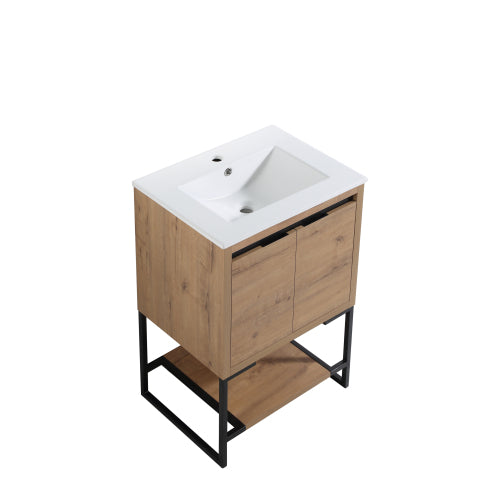 24" Freestanding Bathroom Vanity with White Resin Rectangle Sink, Soft-Close Cabinet Doors,Open Shelf for Towels