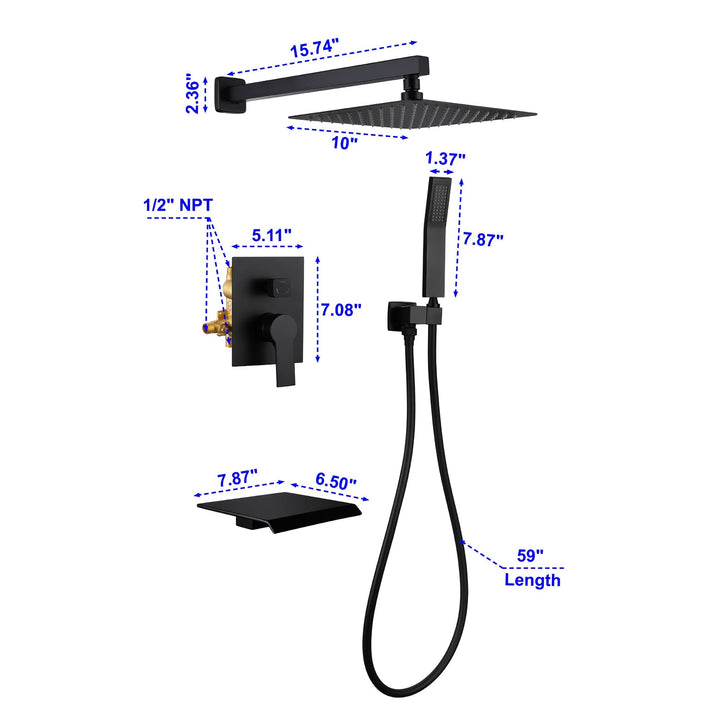 10 inch/ 12 inch 3-Spray Patterns with 1.8 GPM Wall Mount Dual Shower Heads with Waterfall Spout
