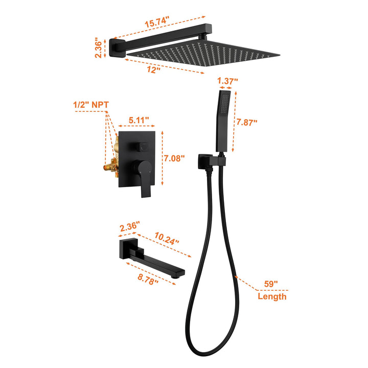 10 inch/ 12 inch 3-way Mixer  Rainfall Shower Head Faucet Tub Spout Tap with Handheld Spray