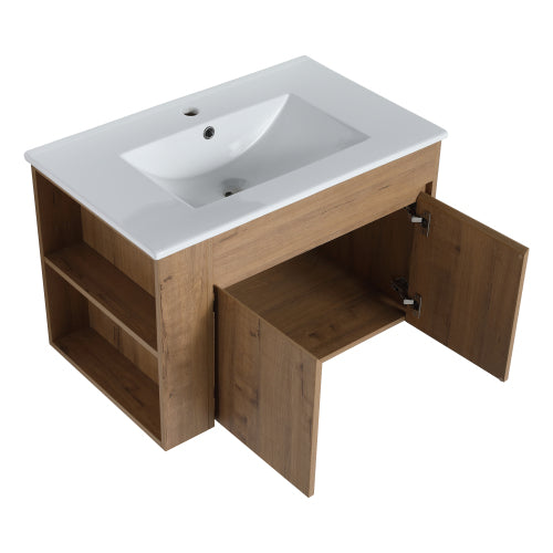 30" Bathroom Vanity With White Ceramic Basin and Adjust Open Shelf