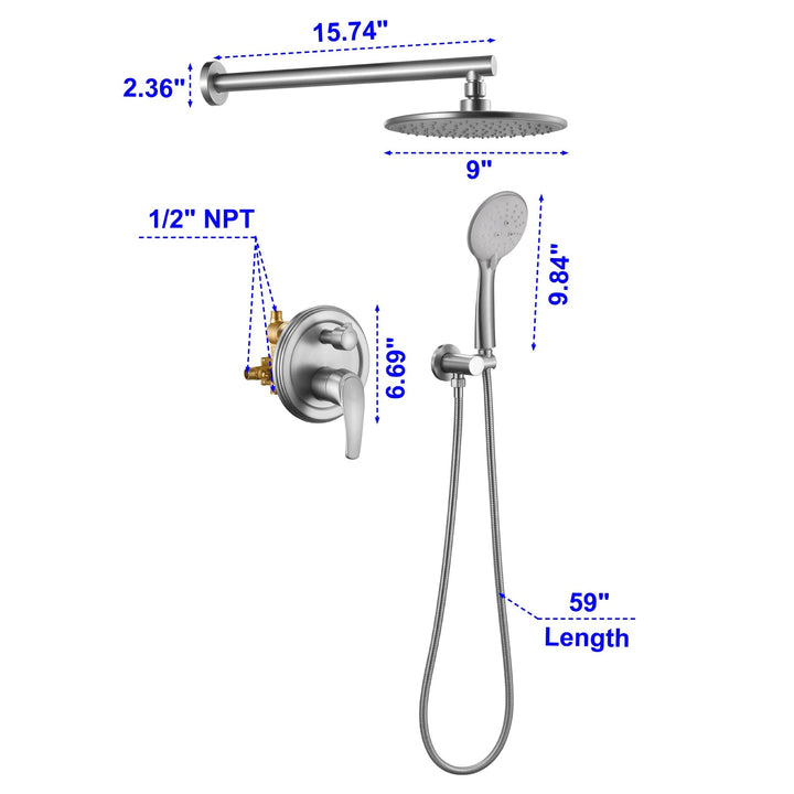 9inch/10inch/12inch 2-Spray Patterns with 1.8 GPM Wall Mount Dual Shower Heads with Hand Shower