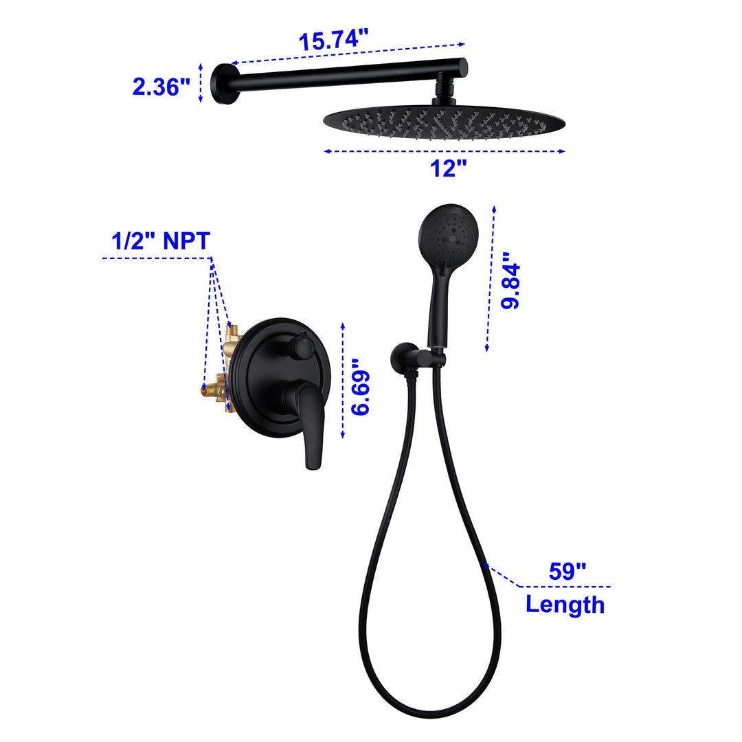 9inch/10inch/12inch 2-Spray Patterns with 1.8 GPM Wall Mount Dual Shower Heads with Hand Shower