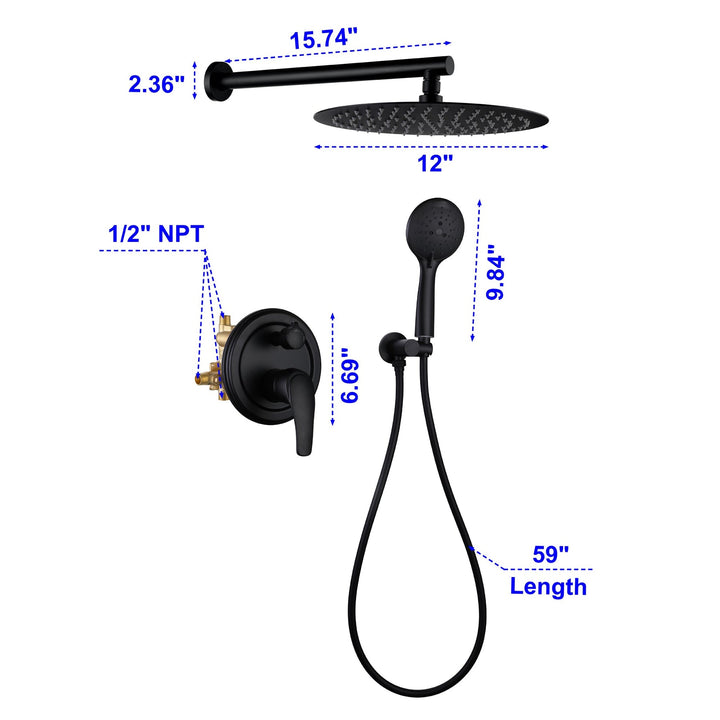 9inch/10inch/12inch 2-Spray Patterns with 1.8 GPM Wall Mount Dual Shower Heads with Hand Shower