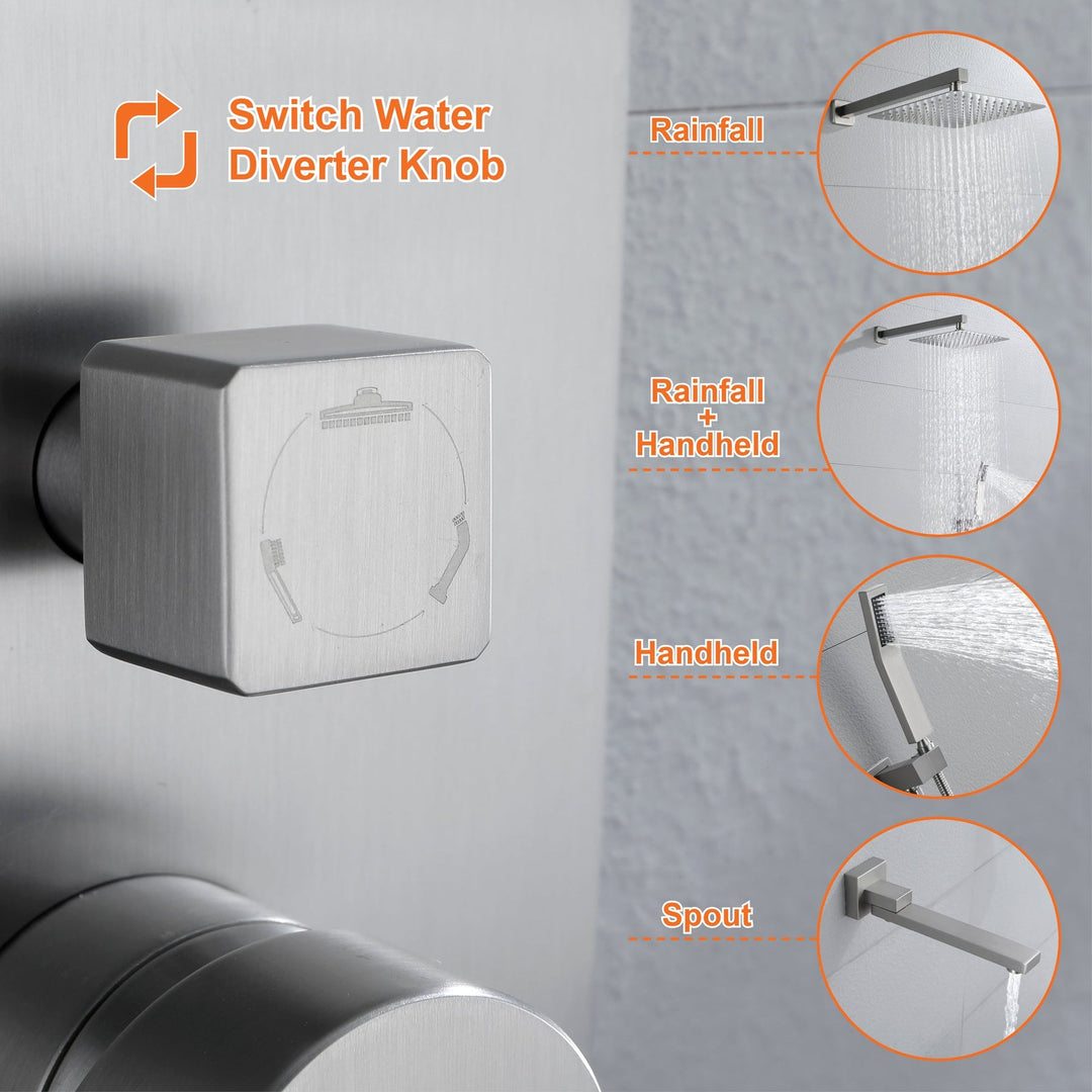 10 inch/ 12 inch 3-way Mixer  Rainfall Shower Head Faucet Tub Spout Tap with Handheld Spray