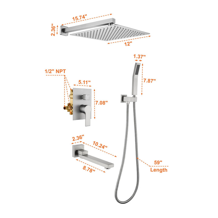 10 inch/ 12 inch 3-way Mixer  Rainfall Shower Head Faucet Tub Spout Tap with Handheld Spray
