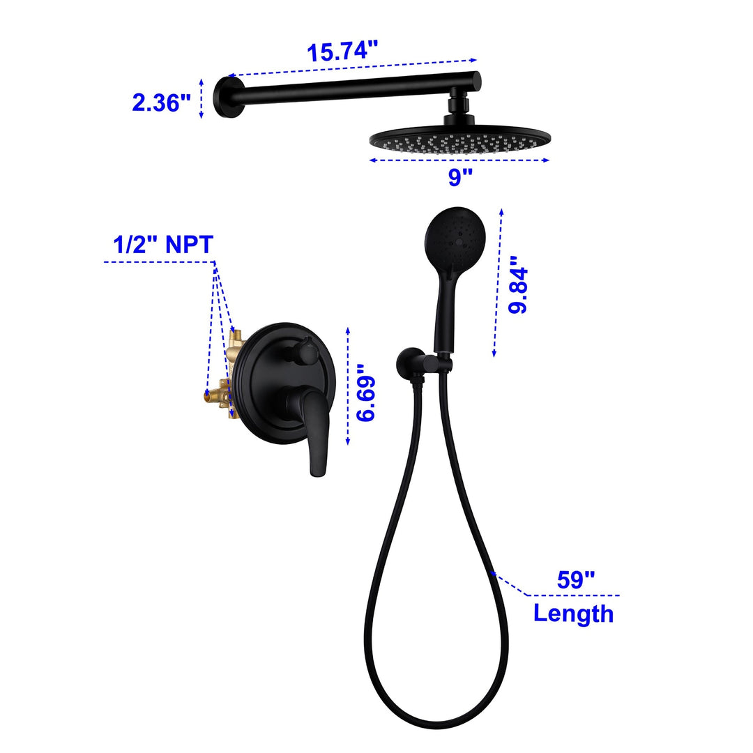 9inch/10inch/12inch 2-Spray Patterns with 1.8 GPM Wall Mount Dual Shower Heads with Hand Shower