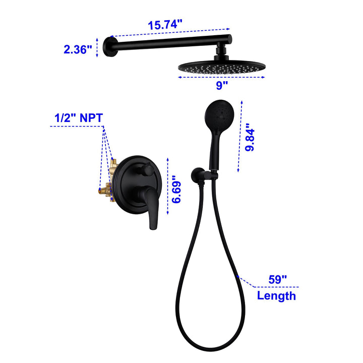 9inch/10inch/12inch 2-Spray Patterns with 1.8 GPM Wall Mount Dual Shower Heads with Hand Shower