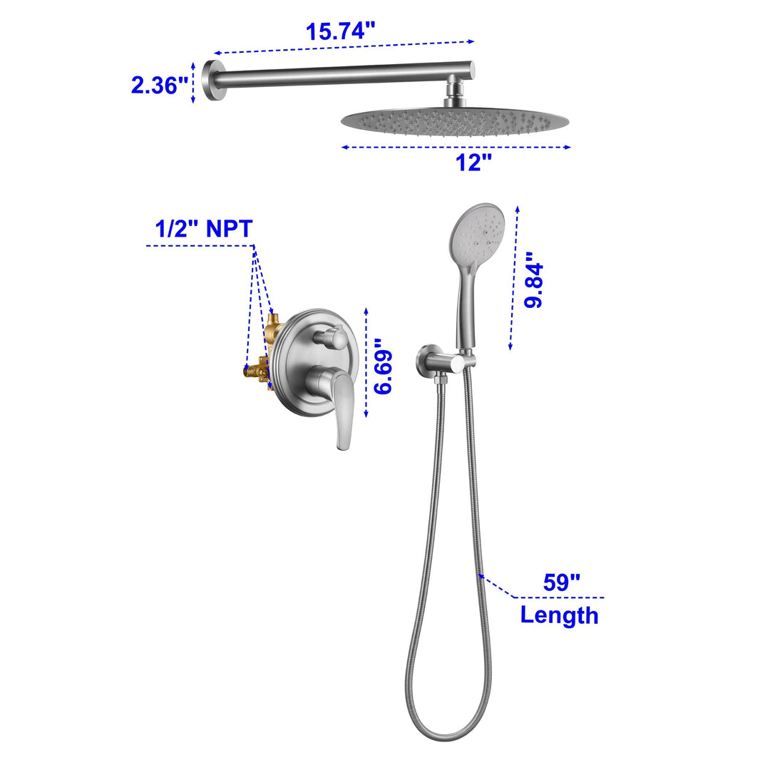 9inch/10inch/12inch 2-Spray Patterns with 1.8 GPM Wall Mount Dual Shower Heads with Hand Shower