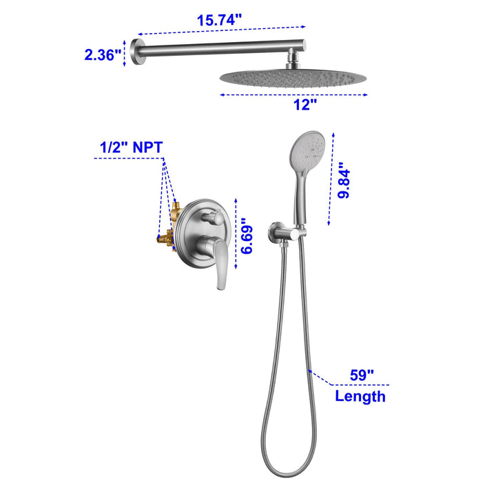 9inch/10inch/12inch 2-Spray Patterns with 1.8 GPM Wall Mount Dual Shower Heads with Hand Shower