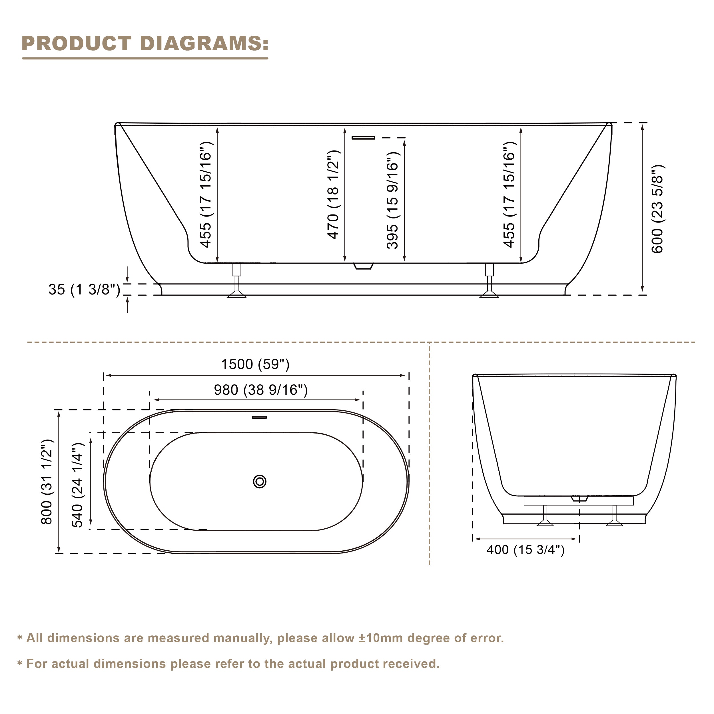 59" Acrylic Freestanding Soaking Bathtub in White with Overflow and Drain
