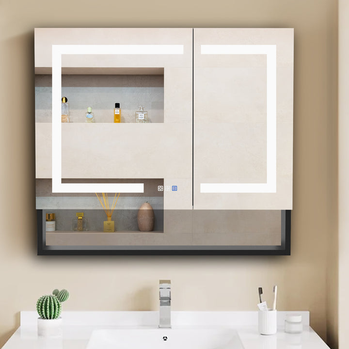 36" W x 32" H LED Lighted Mirror Black Medicine Cabinet with Shelves for Bathroom Recessed or Surface Mount