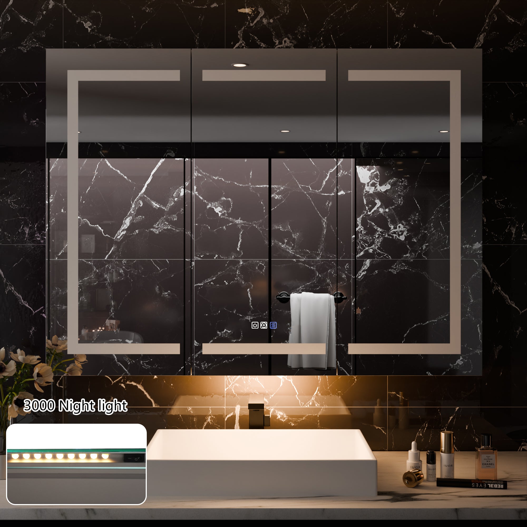 WELLFOR 48 in. x 36 in. Recessed/Surface Mount Right Medicine Cabinet with 5X Magnifier Mirror and Night Light