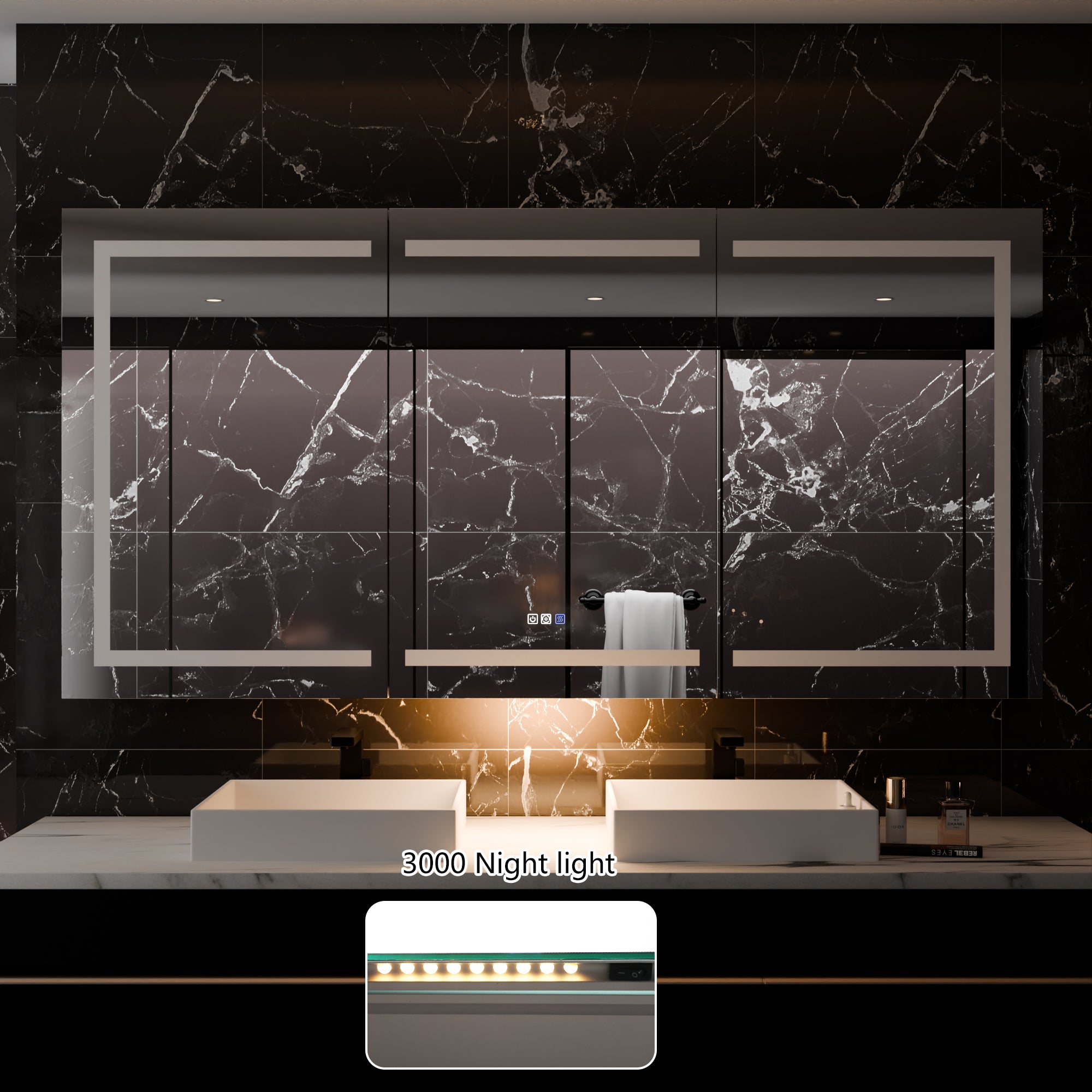 WELLFOR 72 in. x 36 in. Recessed/Surface Mount Right Medicine Cabinet with 5X Magnifier Mirror and Night Light