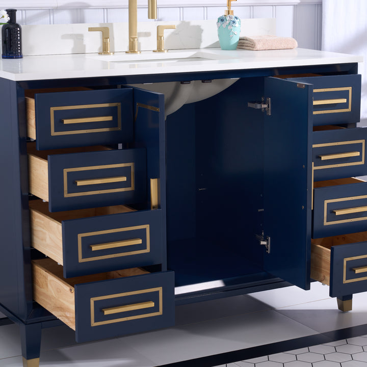 Melody 48 in. W x 22 in. D x 35 in. H Freestanding Bathroom Vanity in Navy Blue with Carrara White Quartz Vanity Top