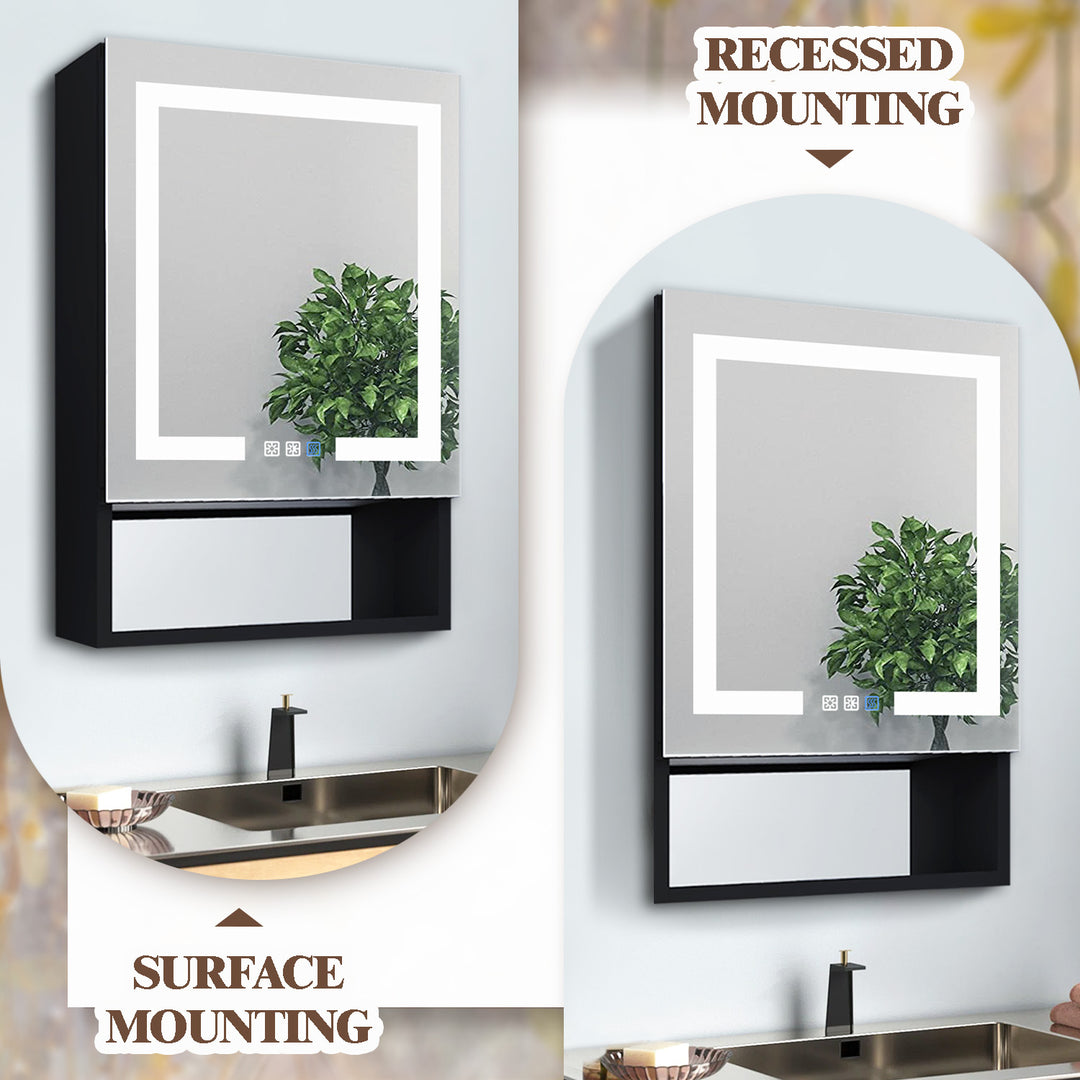 24" W x 32" H Lighted Black Bathroom Medicine Cabinet with Double Sided Mirror And Lights，Outlet Right Side