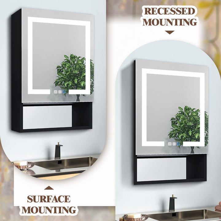 24" W x 32" H Lighted Black Bathroom Medicine Cabinet with Double Sided Mirror And Lights，Outlet Right Side