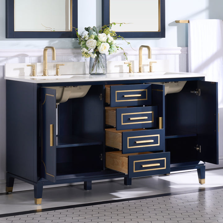 Melody 60 in. W x 22 in. D x 35 in. H Freestanding Bathroom Vanity in Navy Blue with Carrara White Quartz Vanity Top