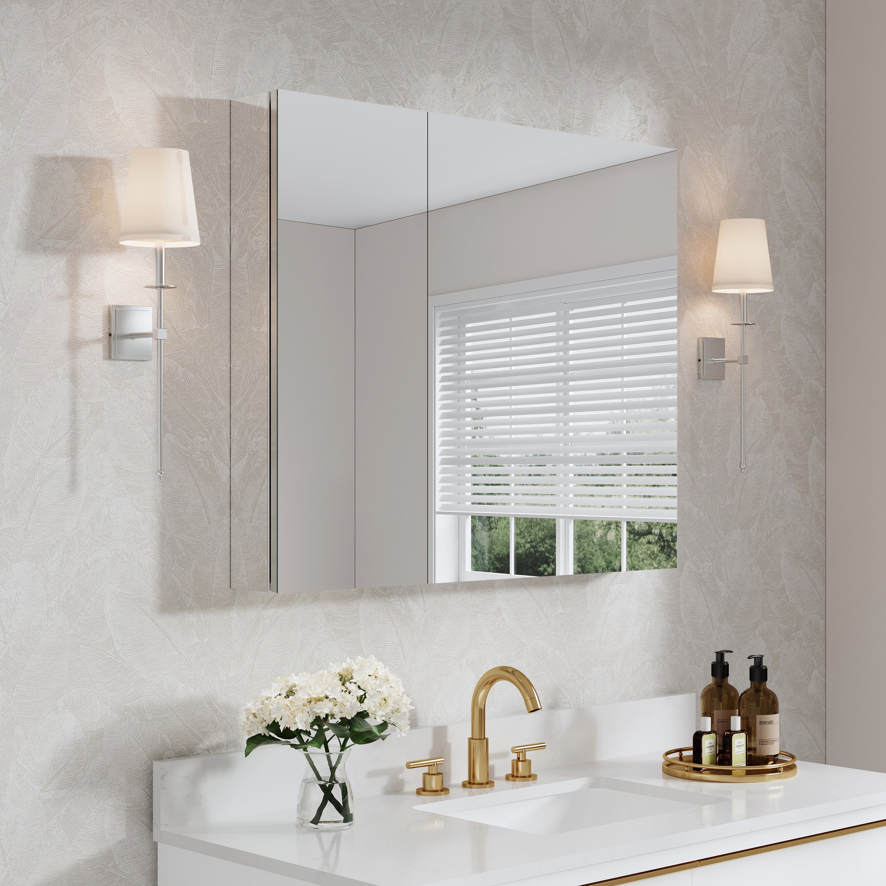 36 in. ×30 in. Copper-Free Tri-Views Mirror Medicine Cabinet with Adjustable Shelves and Dual Swing Doors
