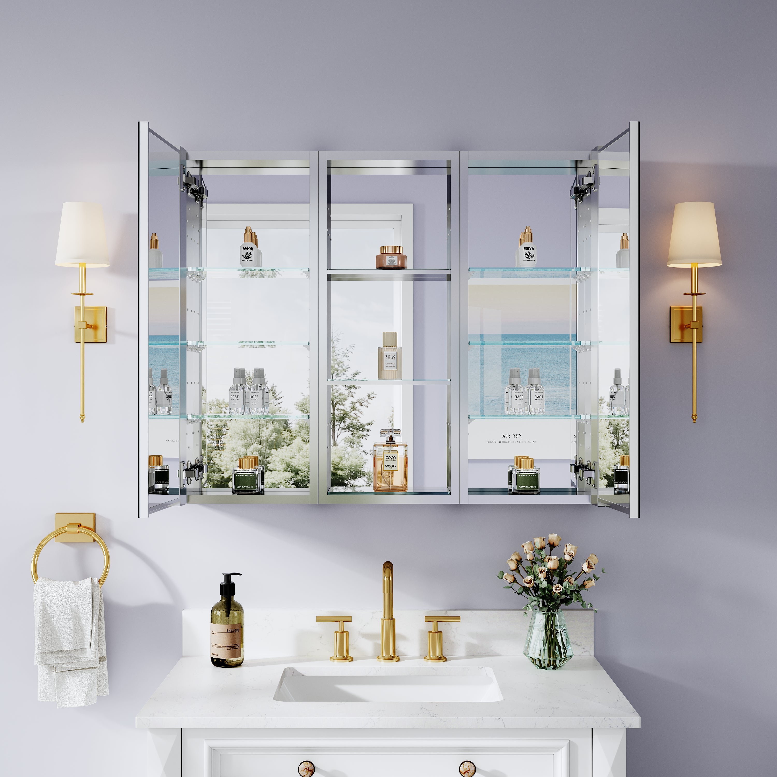 36 in. ×30 in. Bathroom Medicine Cabinet Set with Copper-Free Tri-View Mirror and Open Side Cabinet, Recessed or Surface Mount