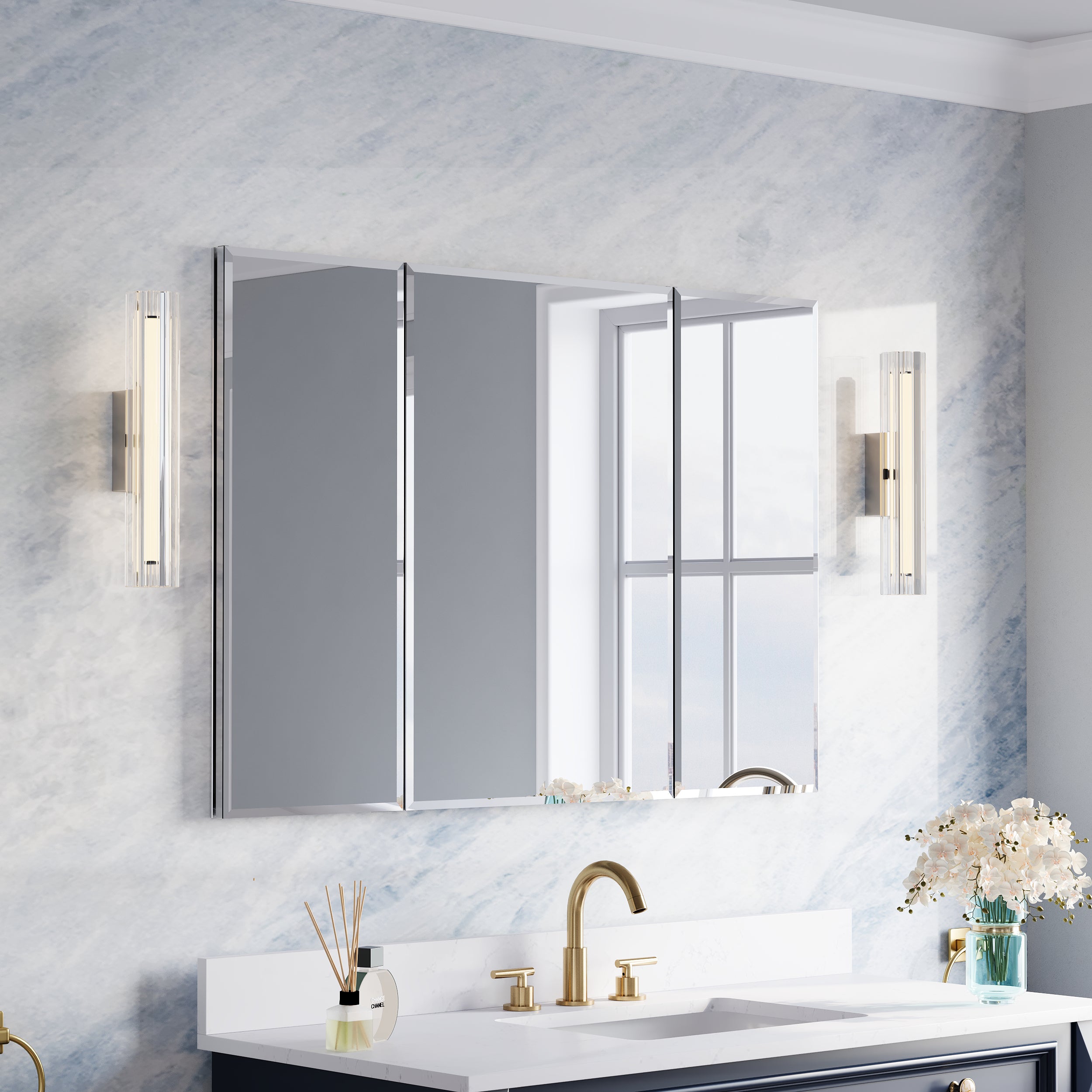 44 in.×30 in.H Copper-Free Mirror Medicine Cabinet with Beveled Mirror Door, Recessed or Surface Mount, Adjustable Shelves