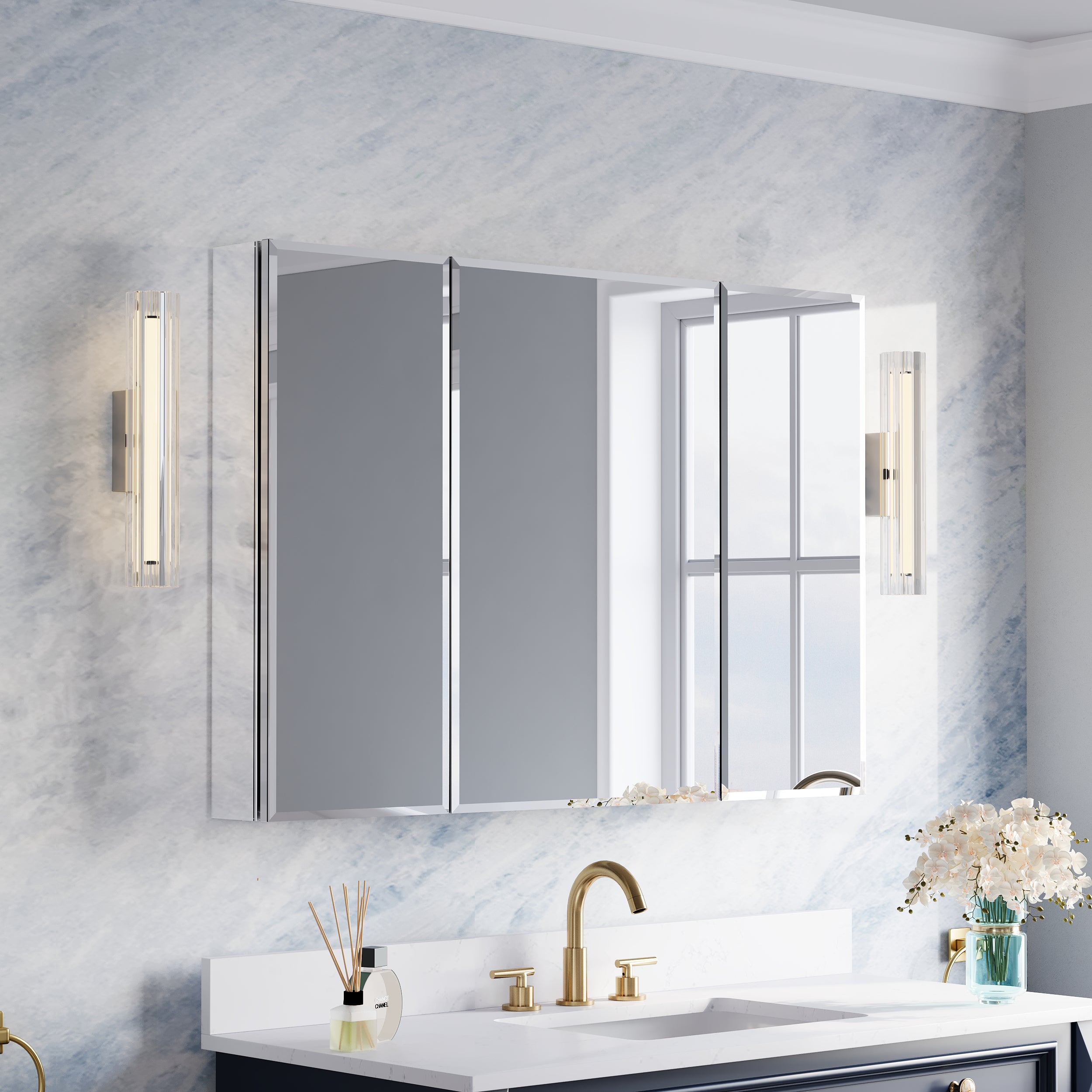 44 in.×30 in.H Copper-Free Mirror Medicine Cabinet with Beveled Mirror Door, Recessed or Surface Mount, Adjustable Shelves