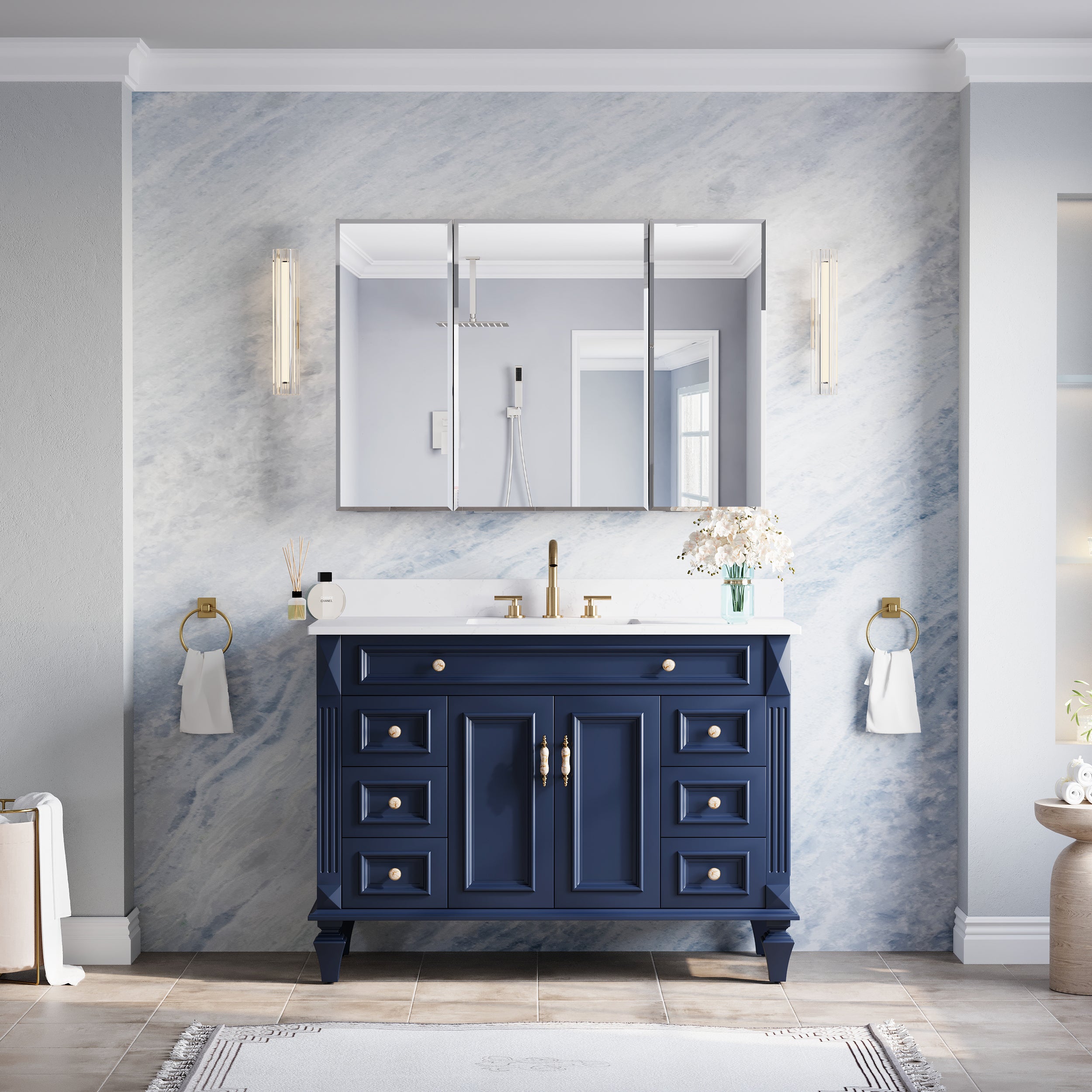 44 in.×30 in.H Copper-Free Mirror Medicine Cabinet with Beveled Mirror Door, Recessed or Surface Mount, Adjustable Shelves