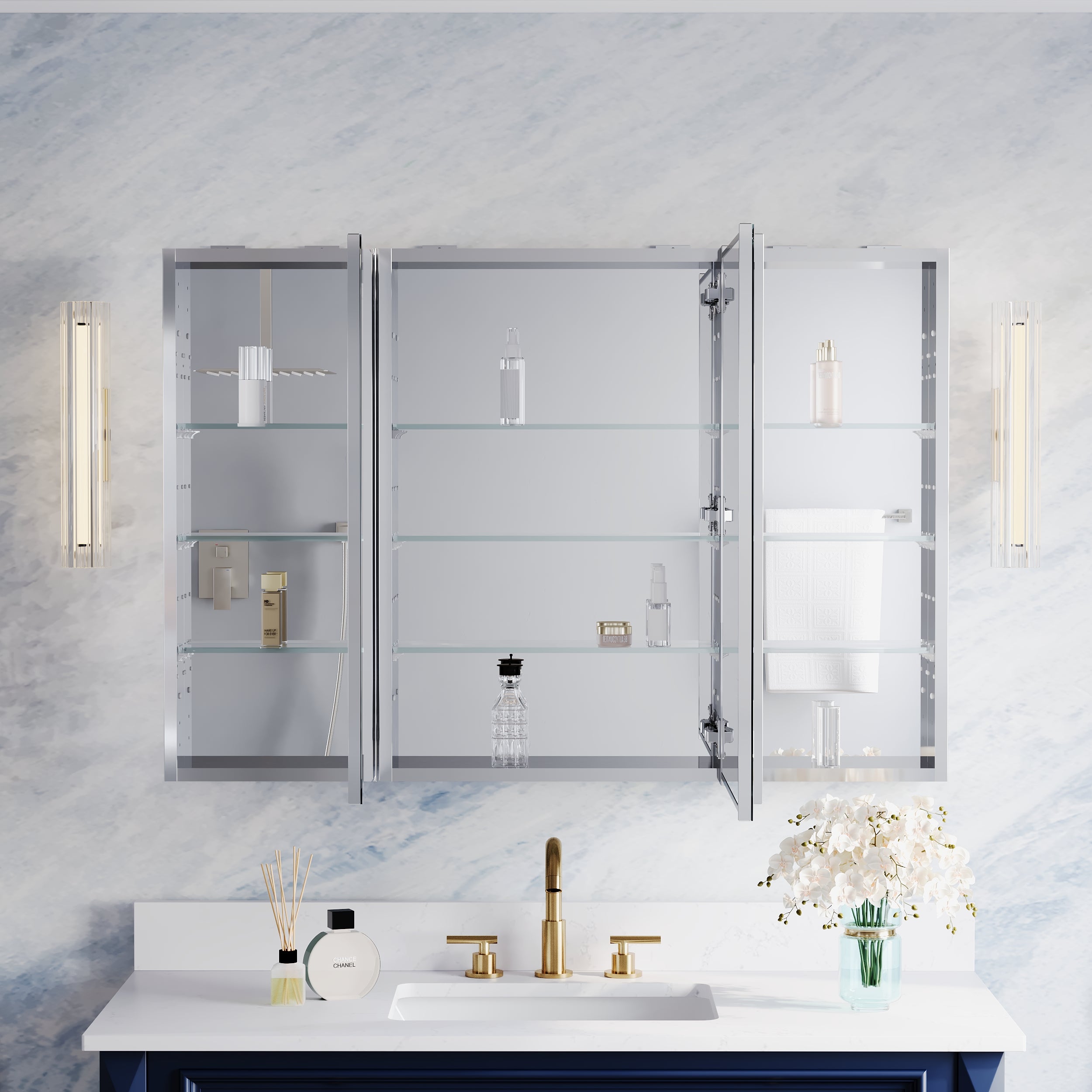 44 in.×30 in.H Copper-Free Mirror Medicine Cabinet with Beveled Mirror Door, Recessed or Surface Mount, Adjustable Shelves