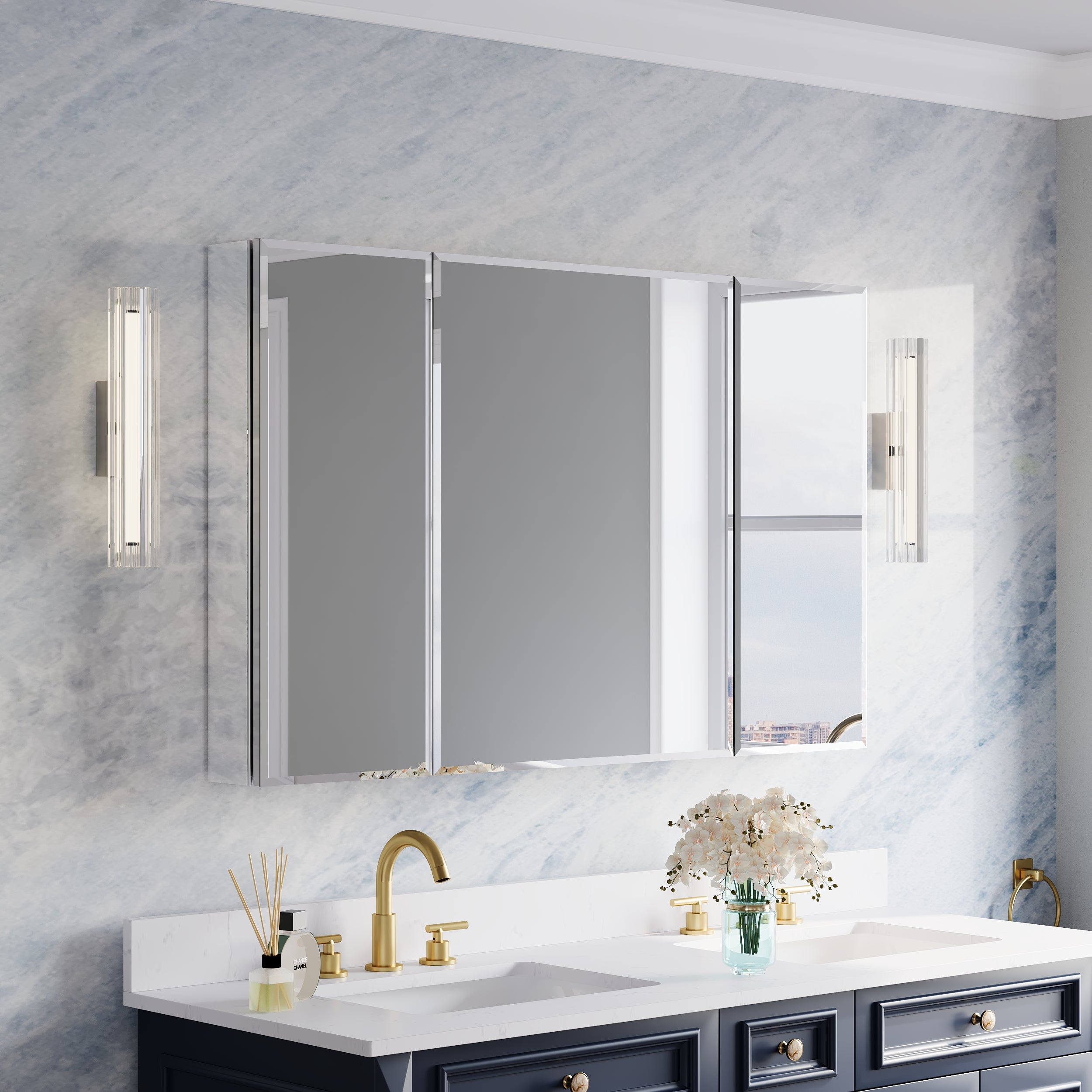 48 in.×30 in.H Aluminum Copper-Free Mirror Medicine Cabinet with Beveled Mirror Door, Recessed or Surface Mount, Adjustable Shelves