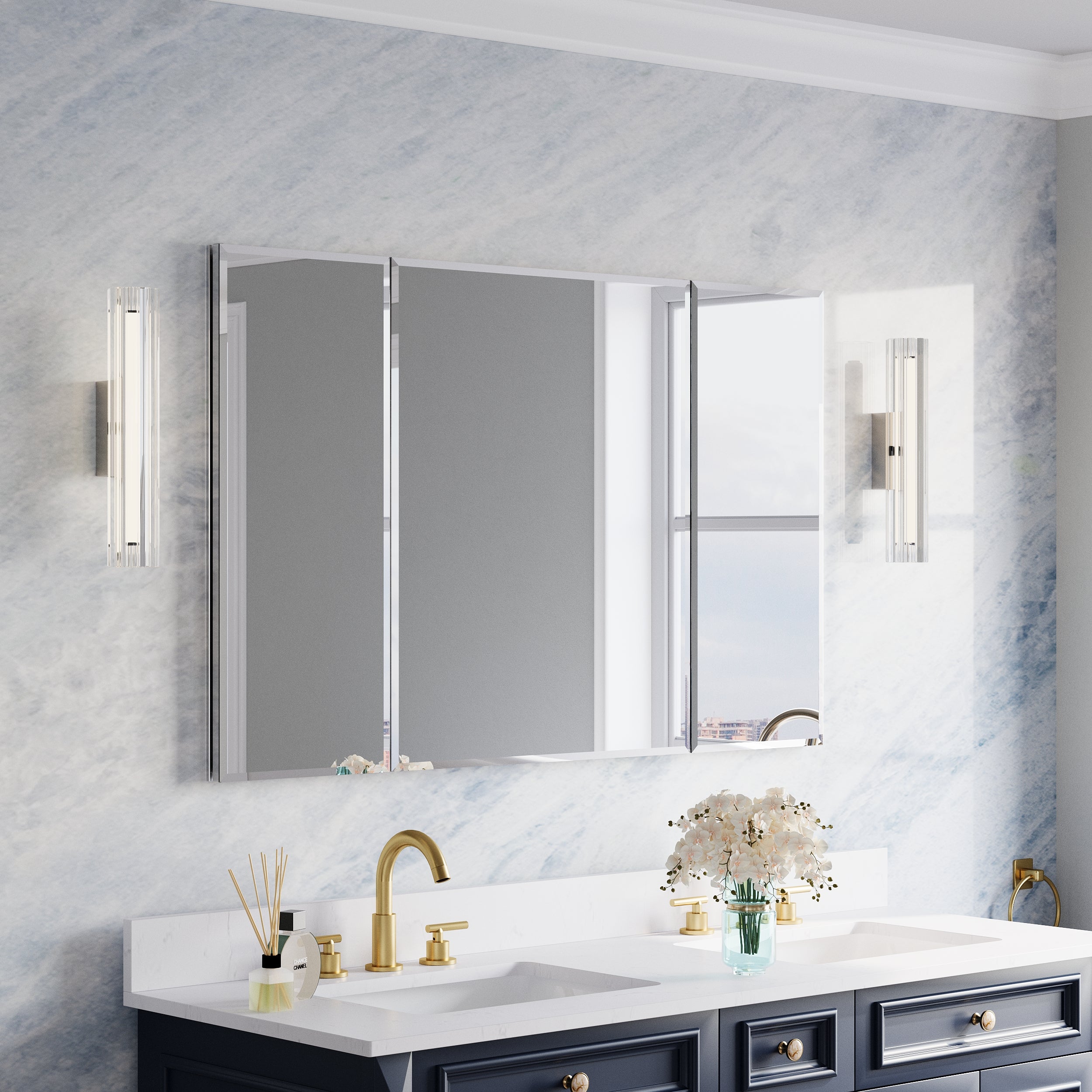48 in.×30 in.H Aluminum Copper-Free Mirror Medicine Cabinet with Beveled Mirror Door, Recessed or Surface Mount, Adjustable Shelves