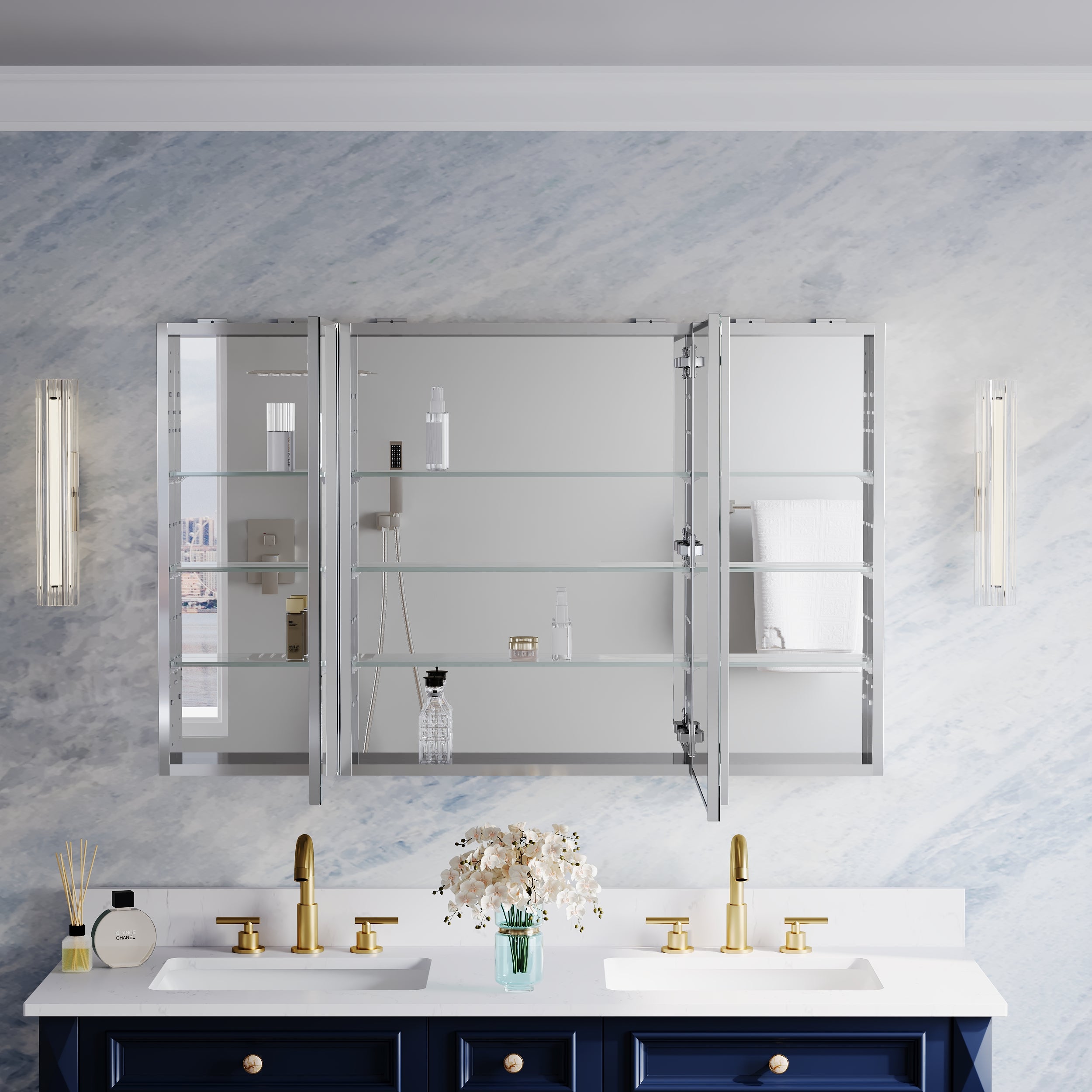 48 in.×30 in.H Aluminum Copper-Free Mirror Medicine Cabinet with Beveled Mirror Door, Recessed or Surface Mount, Adjustable Shelves