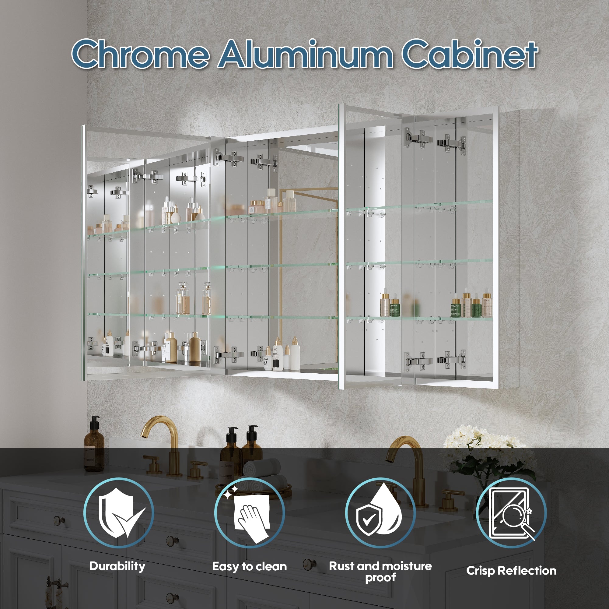 64 in. ×30 in. Copper-Free Tri-Views Mirror Medicine Cabinet with Adjustable Shelves and 5 Doors