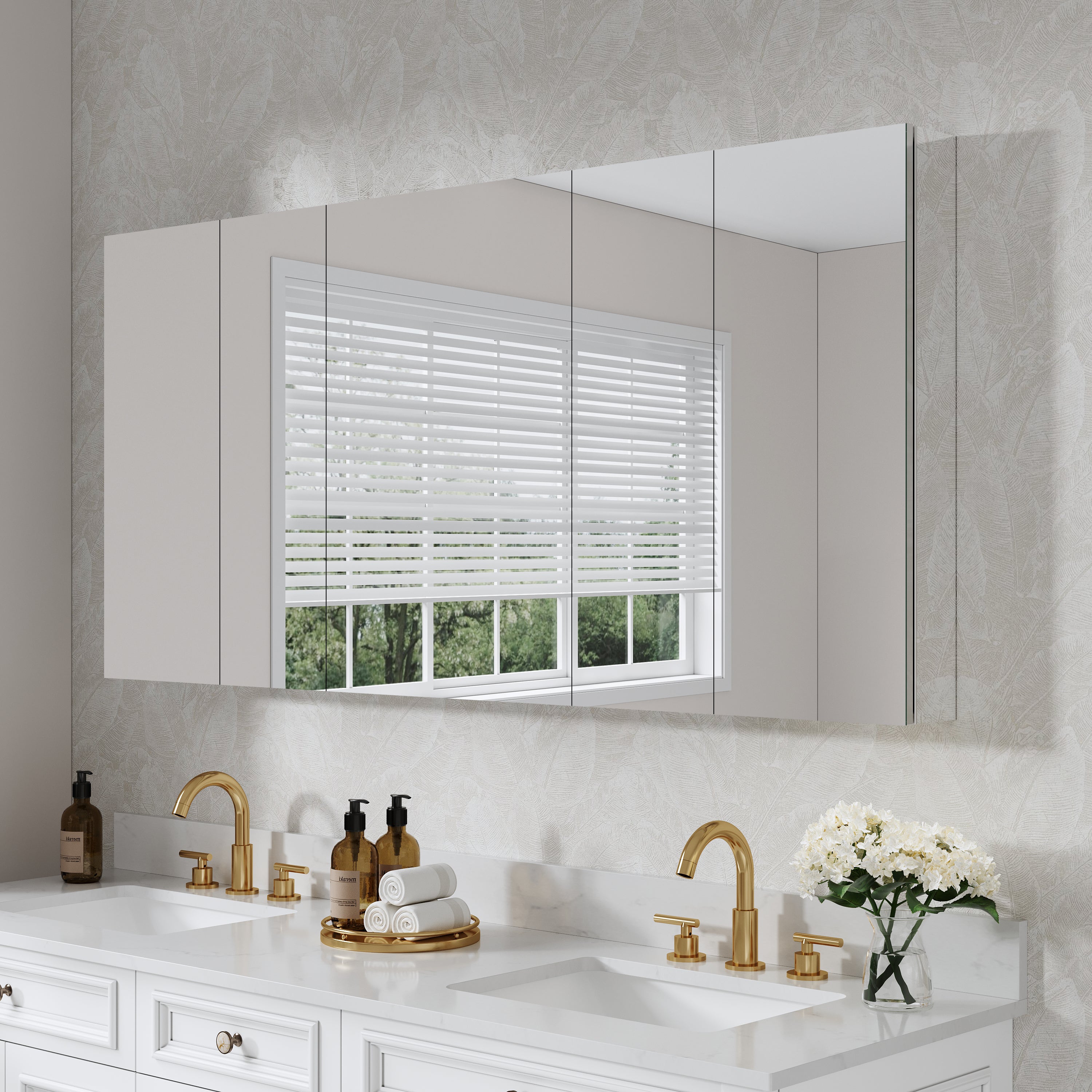 64 in. ×30 in. Copper-Free Tri-Views Mirror Medicine Cabinet with Adjustable Shelves and 5 Doors