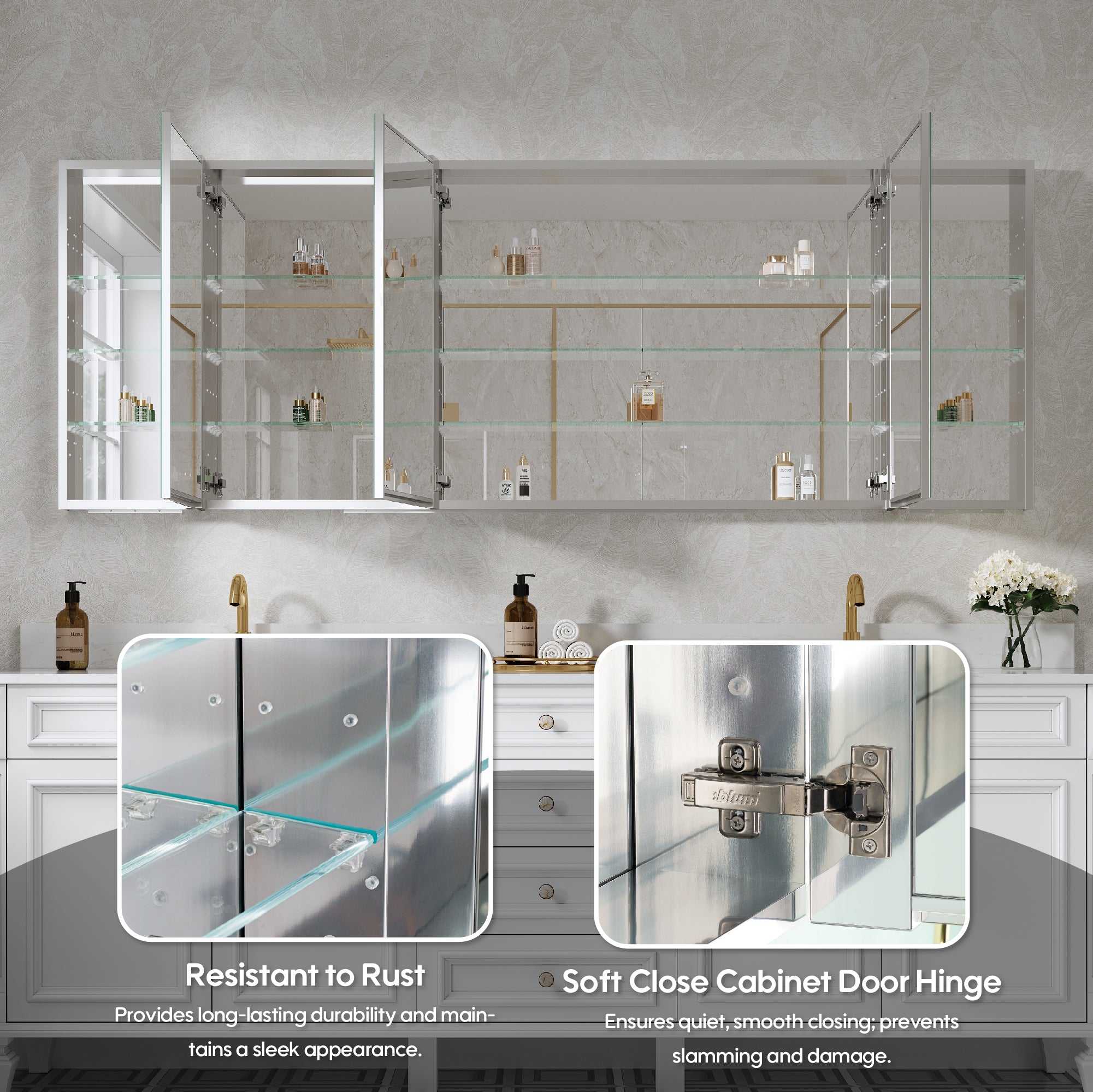 84 in. ×30 in. Copper-Free Tri-Views Mirror Medicine Cabinet with Adjustable Shelves and 5 Doors