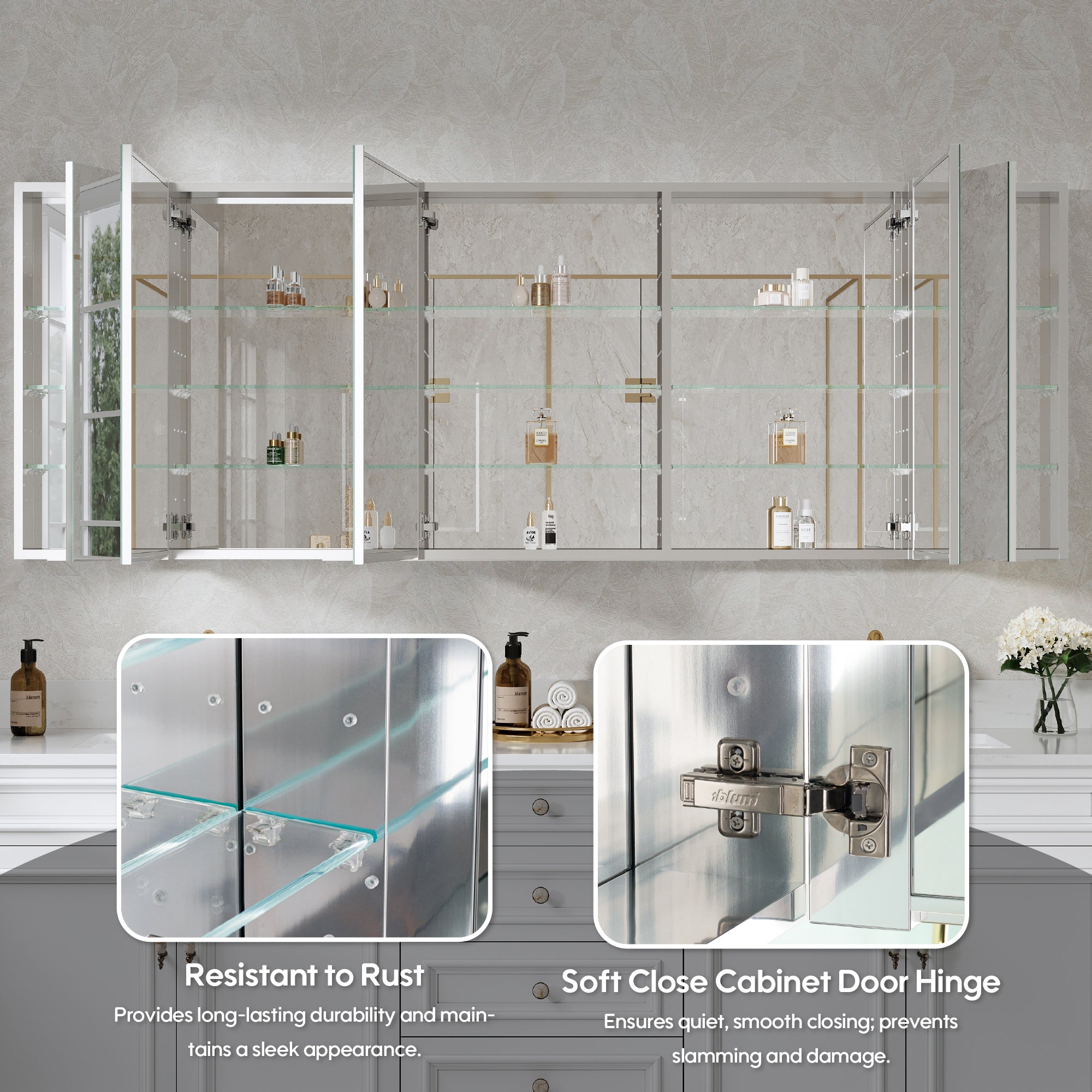 84 in. ×30 in. Copper-Free Tri-Views Mirror Medicine Cabinet with Adjustable Shelves and 5 Doors