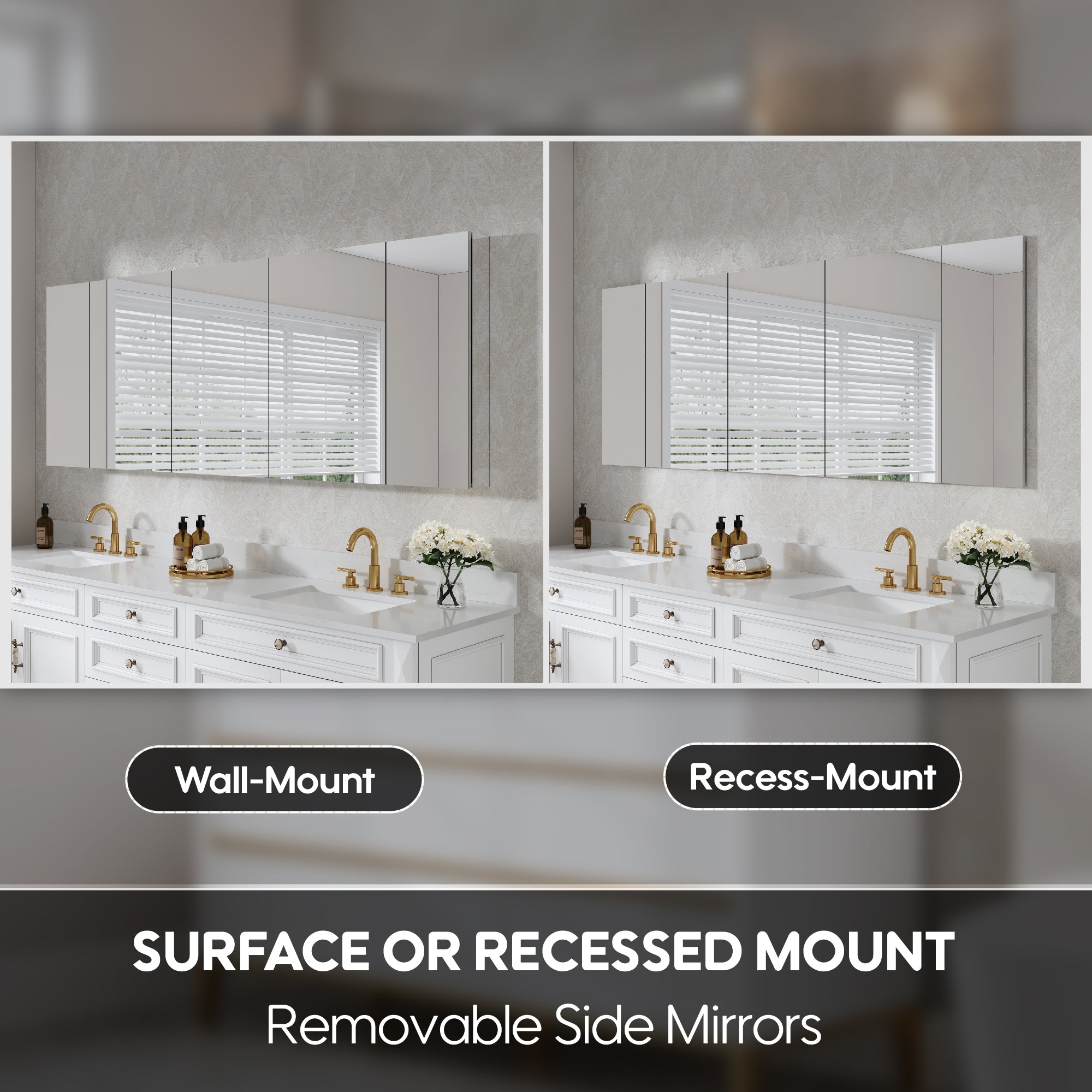 84 in. ×30 in. Copper-Free Tri-Views Mirror Medicine Cabinet with Adjustable Shelves and 5 Doors