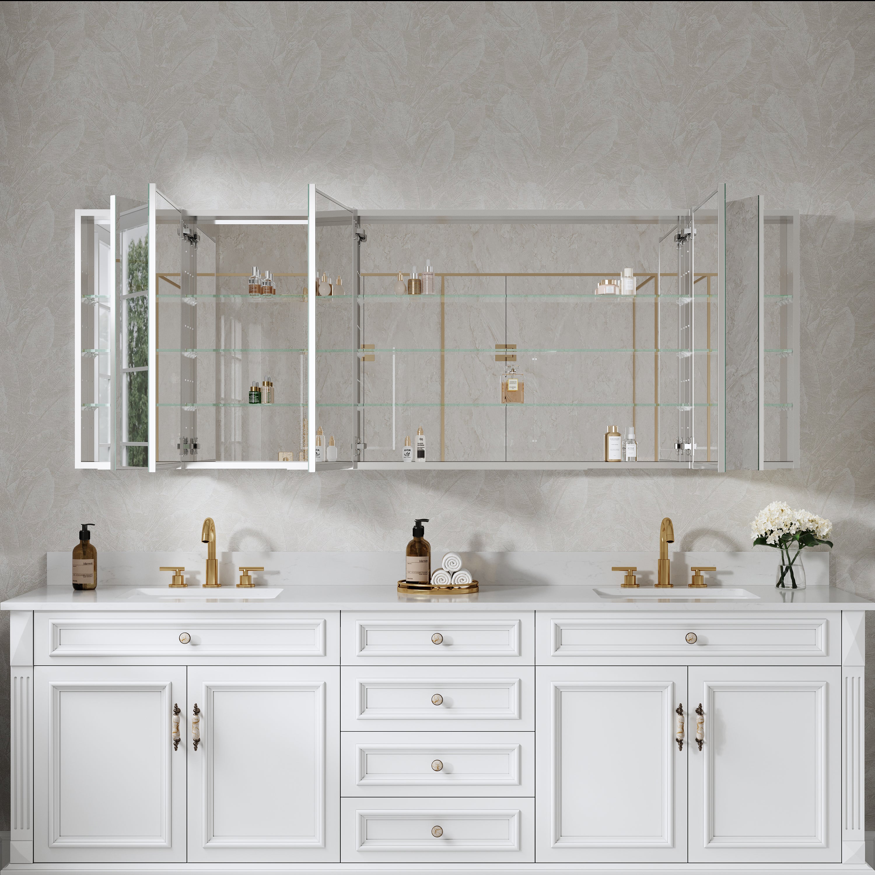 84 in. ×30 in. Copper-Free Tri-Views Mirror Medicine Cabinet with Adjustable Shelves and 5 Doors
